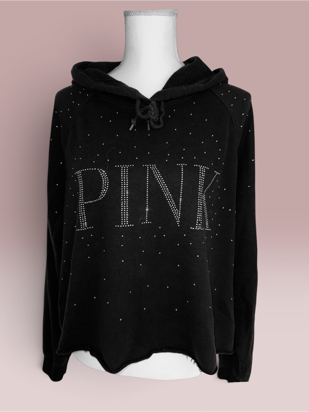 PINK Victoria's Secret Black Bling Logo Hoodiewith Raw Edge Cut Cropped Hem